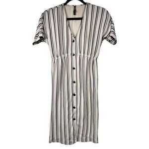 RVCA model button shirt dress, XS, cream & black lined vneck Earth Girl, Coastal